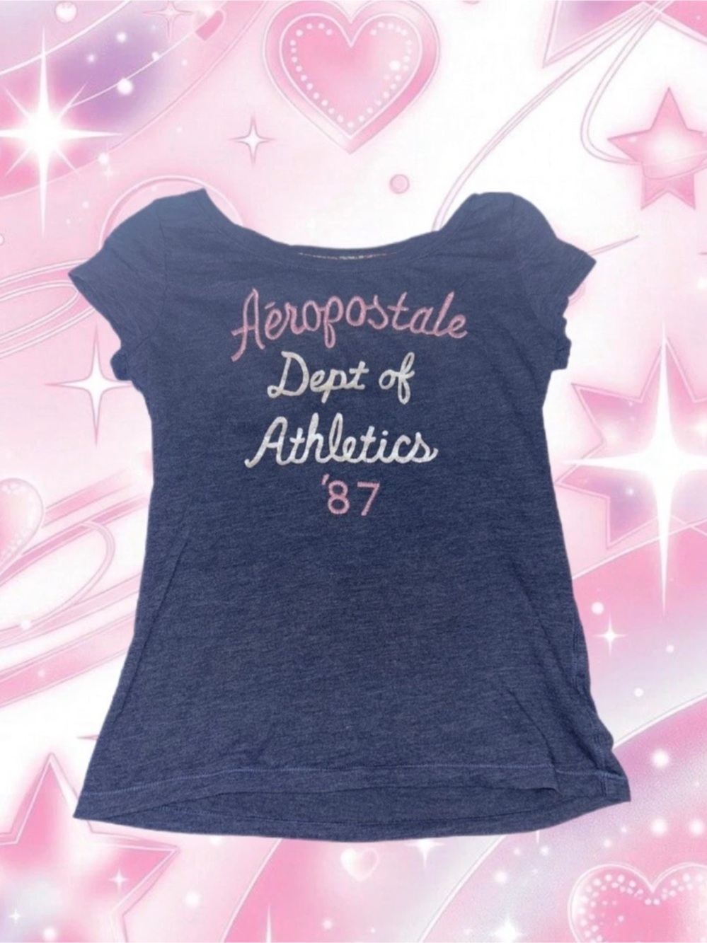Y2K Aeropostale Dept of Athletics '87 embroidered Graphic Tee Blue & Pink Large